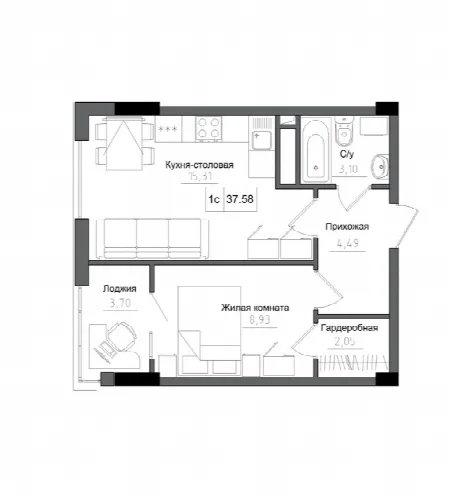 1-кімнатна квартира, 37 м², ARTVILLE, Авангард