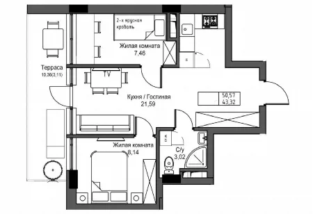 2-комнатная квартира, 43 м², URBAN, Авангард