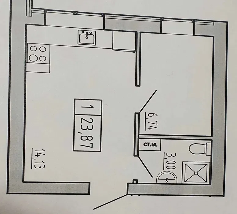1-кімнатні, 24 м²