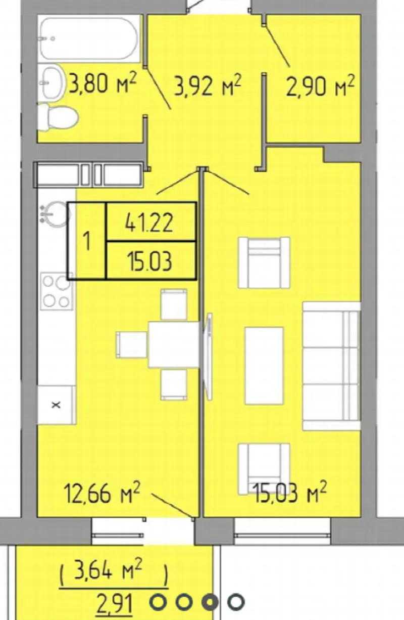 1-кімнатні, 40 м²