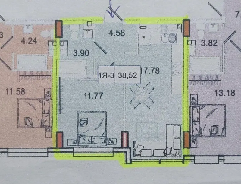 1-кімнатні, 39 м²