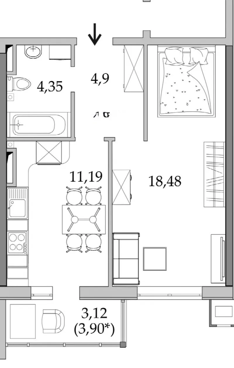 1-кімнатні, 43 м²