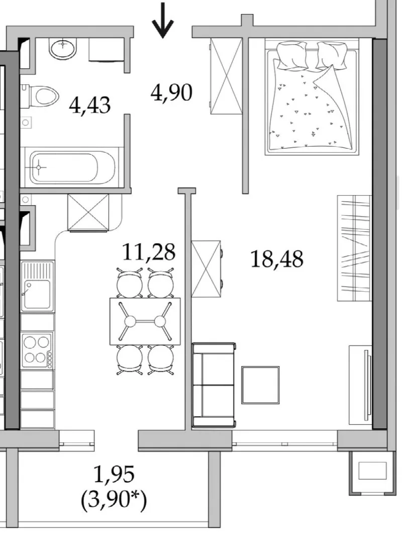 1-кімнатні, 41 м²