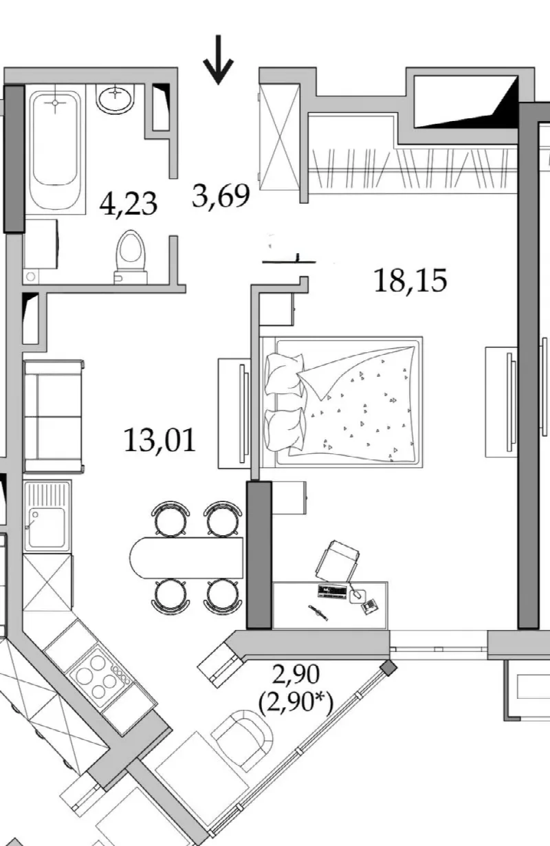 1-кімнатні, 42 м²
